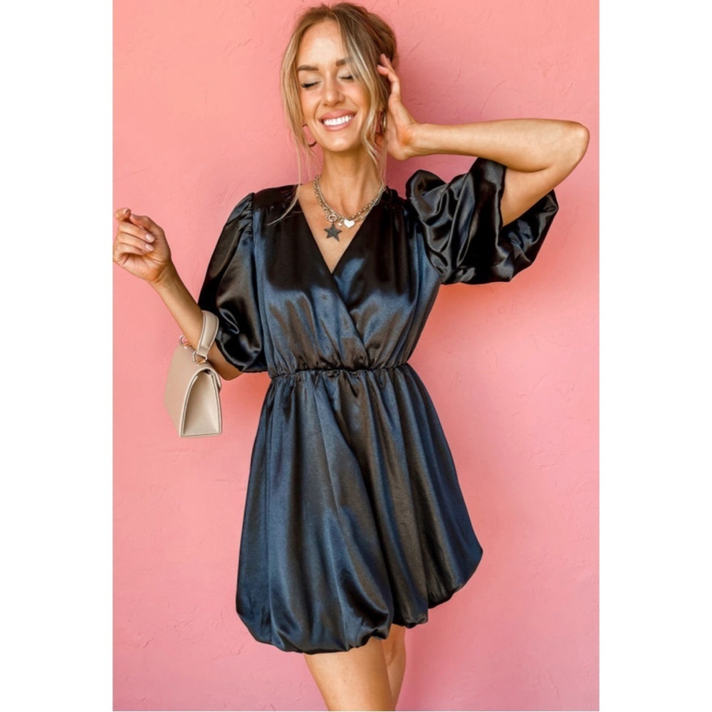 Black Bubble Sleeve Satin Mini Dress
